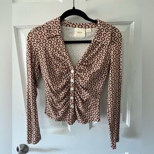 Anthropologie Brown and White Floral-Print Ruched Button-Front Top